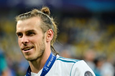 Kiev, Ukrayna - 26 Mayıs 2018: Gareth Bale Real Madrid Uefa Şampiyonlar Ligi 2018 arasında Real Madrid ve Liverpool, Ukrayna Kiev maçında son zaferi kutlamak