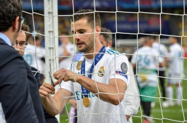 Kiev, Ukrayna - 26 Mayıs 2018: Nacho Fernandez Kapısı'nın net keser ve Uefa Şampiyonlar Ligi 2018 Ukrayna Kiev maçında son zaferi kutlamak