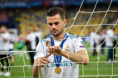 Kiev, Ukrayna - 26 Mayıs 2018: Nacho Fernandez Kapısı'nın net keser ve Uefa Şampiyonlar Ligi 2018 Ukrayna Kiev maçında son zaferi kutlamak