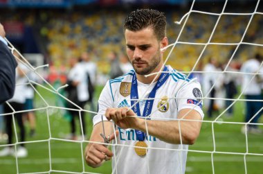 Kiev, Ukrayna - 26 Mayıs 2018: Nacho Fernandez Kapısı'nın net keser ve Uefa Şampiyonlar Ligi 2018 Ukrayna Kiev maçında son zaferi kutlamak