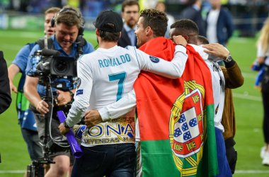 Kiev, Ukrayna - 26 Mayıs 2018: Cristiano Ronaldo Real Madrid Uefa Şampiyonlar Ligi 2018 arasında Real Madrid ve Liverpool, Ukrayna Kiev maçında son zaferi kutlamak
