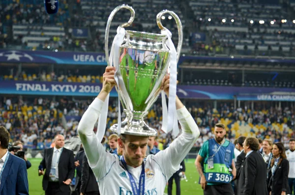 Kiev, Ukrayna - 26 Mayıs 2018: Gareth Bale Real Madrid Uefa Şampiyonlar Ligi 2018 arasında Real Madrid ve Liverpool, Ukrayna Kiev maçında son zaferi kutlamak