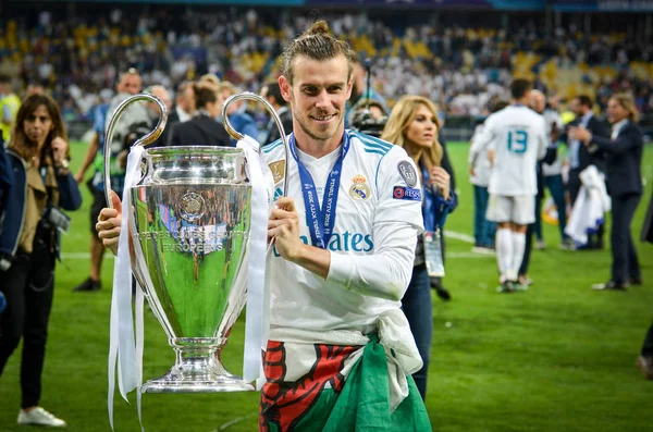 Kiev, Ukrayna - 26 Mayıs 2018: Gareth Bale Real Madrid Uefa Şampiyonlar Ligi 2018 arasında Real Madrid ve Liverpool, Ukrayna Kiev maçında son zaferi kutlamak