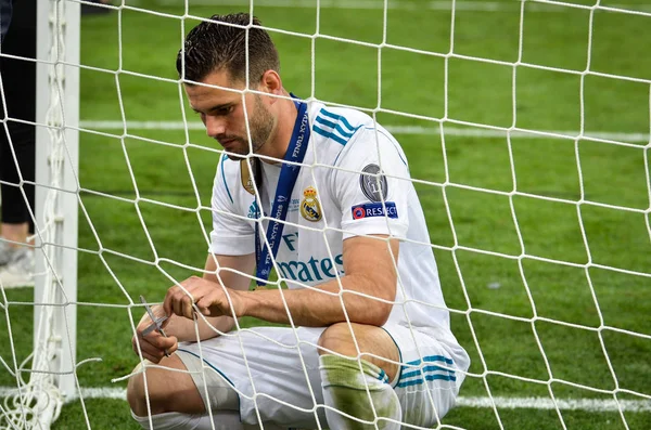 Kiev, Ukrayna - 26 Mayıs 2018: Nacho Fernandez Kapısı'nın net keser ve Uefa Şampiyonlar Ligi 2018 Ukrayna Kiev maçında son zaferi kutlamak