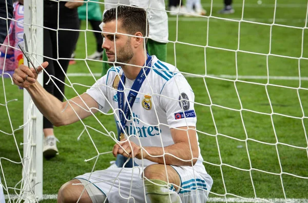 Kiev, Ukrayna - 26 Mayıs 2018: Nacho Fernandez Kapısı'nın net keser ve Uefa Şampiyonlar Ligi 2018 Ukrayna Kiev maçında son zaferi kutlamak