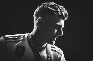 Kiev, Ukrayna - 26 Mayıs 2018: Toni Kroos Real Madrid Uefa Şampiyonlar Ligi 2018 arasında Real Madrid ve Liverpool, Ukrayna Kiev maçında son zaferi kutlamak
