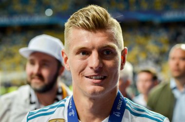 Kiev, Ukrayna - 26 Mayıs 2018: Toni Kroos Real Madrid Uefa Şampiyonlar Ligi 2018 arasında Real Madrid ve Liverpool, Ukrayna Kiev maçında son zaferi kutlamak