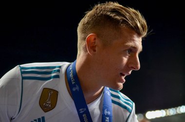 Kiev, Ukrayna - 26 Mayıs 2018: Toni Kroos Real Madrid Uefa Şampiyonlar Ligi 2018 arasında Real Madrid ve Liverpool, Ukrayna Kiev maçında son zaferi kutlamak