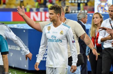 Kiev, Ukrayna - 26 Mayıs 2018: Cristiano Ronaldo Real Madrid Uefa Şampiyonlar Ligi 2018 arasında Real Madrid ve Liverpool, Ukrayna Kiev maçında son zaferi kutlamak