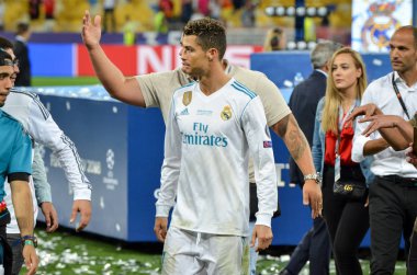 Kiev, Ukrayna - 26 Mayıs 2018: Cristiano Ronaldo Real Madrid Uefa Şampiyonlar Ligi 2018 arasında Real Madrid ve Liverpool, Ukrayna Kiev maçında son zaferi kutlamak