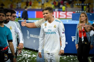 Kiev, Ukrayna - 26 Mayıs 2018: Cristiano Ronaldo Real Madrid Uefa Şampiyonlar Ligi 2018 arasında Real Madrid ve Liverpool, Ukrayna Kiev maçında son zaferi kutlamak