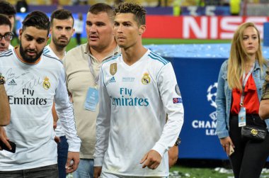Kiev, Ukrayna - 26 Mayıs 2018: Cristiano Ronaldo Real Madrid Uefa Şampiyonlar Ligi 2018 arasında Real Madrid ve Liverpool, Ukrayna Kiev maçında son zaferi kutlamak