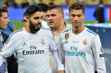Kiev, Ukrayna - 26 Mayıs 2018: Cristiano Ronaldo Real Madrid Uefa Şampiyonlar Ligi 2018 arasında Real Madrid ve Liverpool, Ukrayna Kiev maçında son zaferi kutlamak