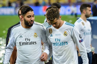 Kiev, Ukrayna - 26 Mayıs 2018: Cristiano Ronaldo Real Madrid Uefa Şampiyonlar Ligi 2018 arasında Real Madrid ve Liverpool, Ukrayna Kiev maçında son zaferi kutlamak