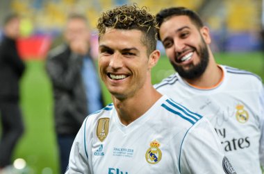 Kiev, Ukrayna - 26 Mayıs 2018: Cristiano Ronaldo Real Madrid Uefa Şampiyonlar Ligi 2018 arasında Real Madrid ve Liverpool, Ukrayna Kiev maçında son zaferi kutlamak