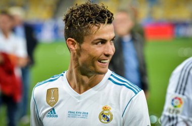 Kiev, Ukrayna - 26 Mayıs 2018: Cristiano Ronaldo Real Madrid Uefa Şampiyonlar Ligi 2018 arasında Real Madrid ve Liverpool, Ukrayna Kiev maçında son zaferi kutlamak