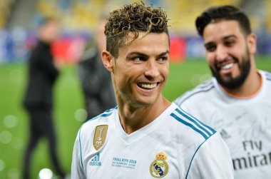 Kiev, Ukrayna - 26 Mayıs 2018: Cristiano Ronaldo Real Madrid Uefa Şampiyonlar Ligi 2018 arasında Real Madrid ve Liverpool, Ukrayna Kiev maçında son zaferi kutlamak
