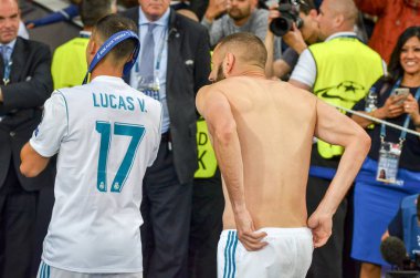 Kiev, Ukrayna - 26 Mayıs 2018: Lucas Vazquez Real Madrid Uefa Şampiyonlar Ligi 2018 arasında Real Madrid ve Liverpool, Ukrayna Kiev maçında son zaferi kutlamak