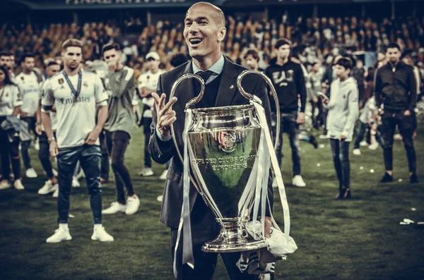 Kyiv Ukraine Maio 2018 Zinedine Zidane Real Madrid Celebra Vitória — Fotografia de Stock