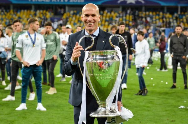 Kijów Ukraina Maja 2018 Zinedine Zidane Realu Madryt Świętować Zwycięstwo — Zdjęcie stockowe