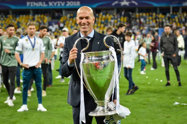 Kijów Ukraina Maja 2018 Zinedine Zidane Realu Madryt Świętować Zwycięstwo — Zdjęcie stockowe