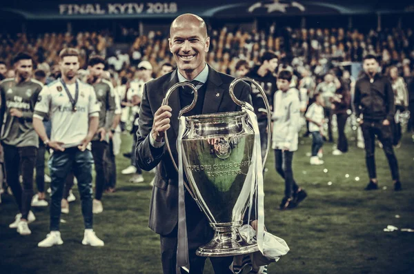 Kyjev Ukrajina Května 2018 Zinedine Zidane Real Madrid Slaví Vítězství — Stock fotografie