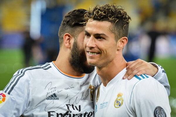 KYIV, UKRAINE - MAY 26, 2018: Cristiano Ronaldo of Real Madrid celebrate the victory in the final of the UEFA Champions League 2018 in Kiev  match between Real Madrid and Liverpool, Ukraine