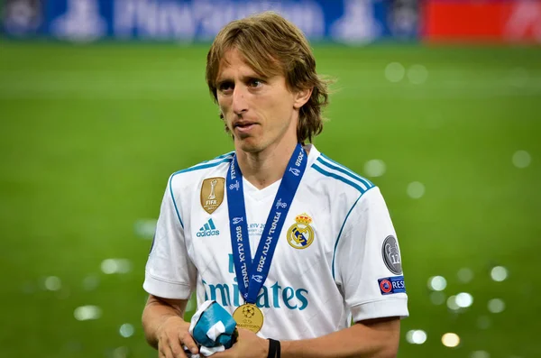 Kiev, Ukrayna - 26 Mayıs 2018: Luka Modric Real Madrid Uefa Şampiyonlar Ligi 2018 arasında Real Madrid ve Liverpool, Ukrayna Kiev maçında son zaferi kutlamak