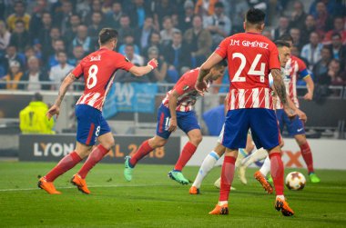 Lyon, Fransa - 16 Mayıs, 2018: Jose Gimenez Atletico Madrid vs Groupama Stadyumu, Fransa Olimpik Marsilya arasında final Uefa Avrupa Ligi maçı sırasında