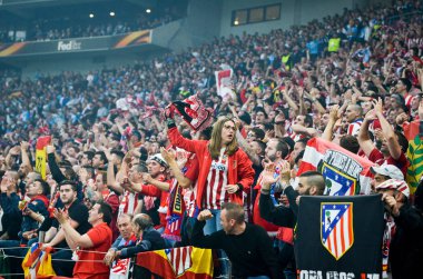 Lyon, Fransa - 16 Mayıs, 2018: Atletico Madrid taraftarları final Uefa Avrupa Ligi sırasında takım maç arada Atletico Madrid vs Groupama Stadyumu, Fransa Olimpik Marsilya standları destek