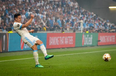 Lyon, Fransa - 16 Mayıs, 2018: Florian Thauvin arada Atletico Madrid vs Olimpik Marsilya Groupama Stadyumu, Fransa final Uefa Avrupa Ligi maçı sırasında