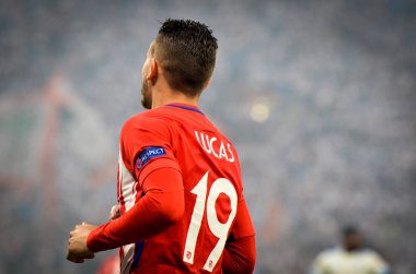 Lyon, Fransa - 16 Mayıs, 2018: Lucas Hernandez Atletico Madrid vs Groupama Stadyumu, Fransa Olimpik Marsilya arasında final Uefa Avrupa Ligi maçı sırasında