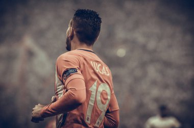 Lyon, Fransa - 16 Mayıs, 2018: Lucas Hernandez Atletico Madrid vs Groupama Stadyumu, Fransa Olimpik Marsilya arasında final Uefa Avrupa Ligi maçı sırasında