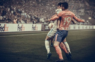 Lyon, Fransa - 16 Mayıs, 2018: Lucas Hernandez Atletico Madrid vs Groupama Stadyumu, Fransa Olimpik Marsilya arasında final Uefa Avrupa Ligi maçı sırasında