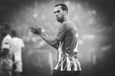 Lyon, Fransa - 16 Mayıs, 2018: Diego Godin Atletico Madrid vs Groupama Stadyumu, Fransa Olimpik Marsilya arasında final Uefa Avrupa Ligi maçı sırasında