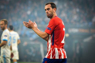 Lyon, Fransa - 16 Mayıs, 2018: Diego Godin Atletico Madrid vs Groupama Stadyumu, Fransa Olimpik Marsilya arasında final Uefa Avrupa Ligi maçı sırasında