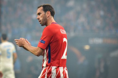 Lyon, Fransa - 16 Mayıs, 2018: Diego Godin Atletico Madrid vs Groupama Stadyumu, Fransa Olimpik Marsilya arasında final Uefa Avrupa Ligi maçı sırasında