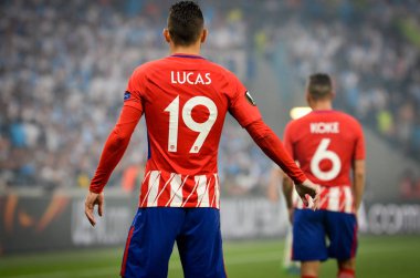 Lyon, Fransa - 16 Mayıs, 2018: Lucas Hernandez Atletico Madrid vs Groupama Stadyumu, Fransa Olimpik Marsilya arasında final Uefa Avrupa Ligi maçı sırasında