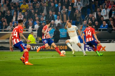 Lyon, Fransa - 16 Mayıs, 2018: futbolcu Atletico Madrid vs Groupama Stadyumu, Fransa Olimpik Marsilya arasında final Uefa Avrupa Ligi maçı sırasında