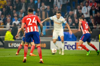Lyon, Fransa - 16 Mayıs, 2018: Jose Gimenez Atletico Madrid vs Groupama Stadyumu, Fransa Olimpik Marsilya arasında final Uefa Avrupa Ligi maçı sırasında