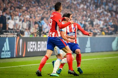 Lyon, Fransa - 16 Mayıs, 2018: Lucas Hernandez Atletico Madrid vs Groupama Stadyumu, Fransa Olimpik Marsilya arasında final Uefa Avrupa Ligi maçı sırasında