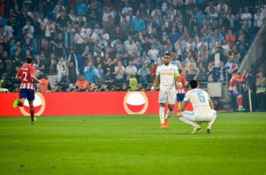 Lyon, Fransa - 16 Mayıs, 2018: futbolcu Atletico Madrid vs Groupama Stadyumu, Fransa Olimpik Marsilya arasında final Uefa Avrupa Ligi maçı sırasında