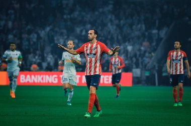 Lyon, Fransa - 16 Mayıs, 2018: Diego Godin Atletico Madrid vs Groupama Stadyumu, Fransa Olimpik Marsilya arasında final Uefa Avrupa Ligi maçı sırasında
