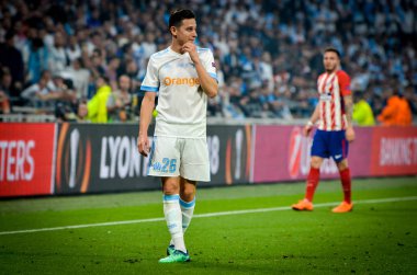 Lyon, Fransa - 16 Mayıs, 2018: Florian Thauvin arada Atletico Madrid vs Olimpik Marsilya Groupama Stadyumu, Fransa final Uefa Avrupa Ligi maçı sırasında