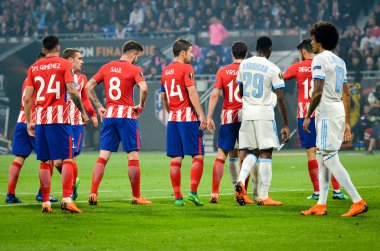 Lyon, Fransa - 16 Mayıs, 2018: futbolcu Atletico Madrid vs Groupama Stadyumu, Fransa Olimpik Marsilya arasında final Uefa Avrupa Ligi maçı sırasında