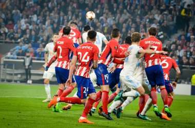 Lyon, Fransa - 16 Mayıs, 2018: futbolcu Atletico Madrid vs Groupama Stadyumu, Fransa Olimpik Marsilya arasında final Uefa Avrupa Ligi maçı sırasında
