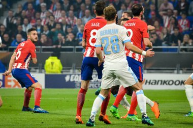Lyon, Fransa - 16 Mayıs, 2018: Valera Germain Atletico Madrid vs Groupama Stadyumu, Fransa Olimpik Marsilya arasında final Uefa Avrupa Ligi maçı sırasında