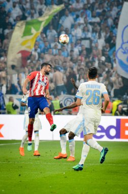 Lyon, Fransa - 16 Mayıs, 2018: Atletico Madrid vs Groupama Stadyumu, Fransa Olimpik Marsilya arasında final Uefa Avrupa Ligi maçı sırasında Diego Costa (kırmızı)