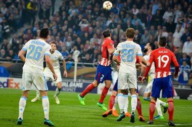 Lyon, Fransa - 16 Mayıs, 2018: futbolcu Atletico Madrid vs Groupama Stadyumu, Fransa Olimpik Marsilya arasında final Uefa Avrupa Ligi maçı sırasında