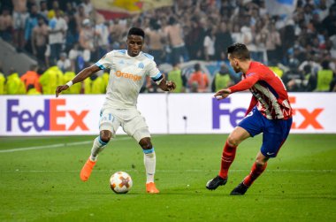 Lyon, Fransa - 16 Mayıs, 2018: Bouna Sarr Atletico Madrid vs Groupama Stadyumu, Fransa Olimpik Marsilya arasında final Uefa Avrupa Ligi maçı sırasında